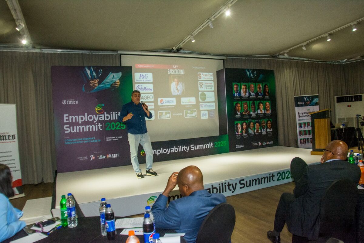 A speaker presenting at the Premium Times Employability Summit